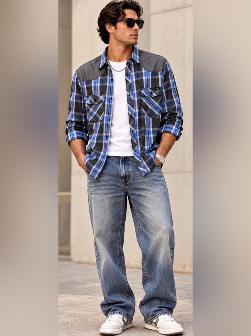 Rock & Republic Men’s Large Plaid Roll-Tab Button Down Shirt Y2K Style